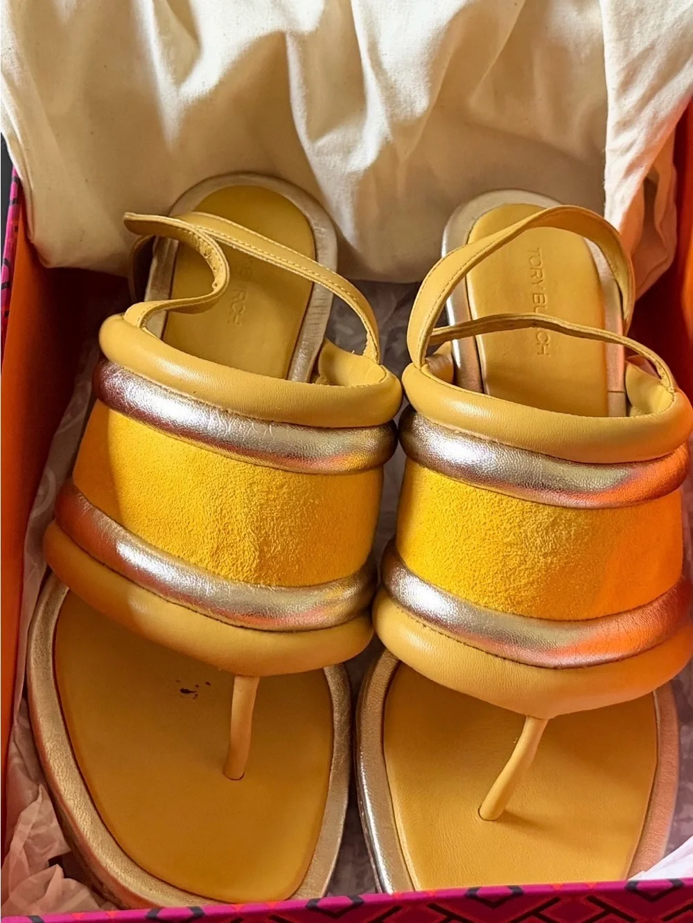 Tory Burch Yellow Suede Wedge Sandal with Gold Accents